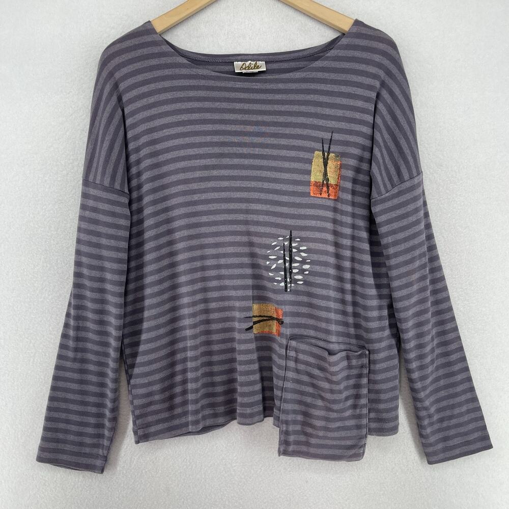 ODILE Top M Stripe Shirt Blouse Boat Neck Pullover Front Pocket Gray